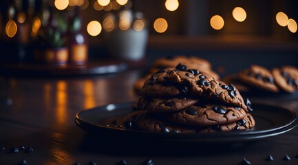 Chocolate Chip Cookies on a plate in a fancy restaurant generative ai
