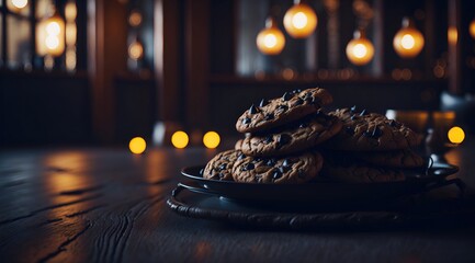 Chocolate Chip Cookies on a plate in a fancy restaurant generative ai