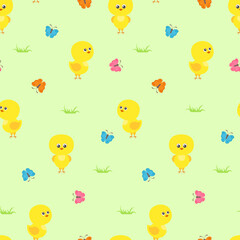Yellow cute chickens and butterflies seamless pattern. Vector background in children's style.