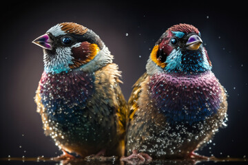 Finches on water close-up. Isolated on dark blurred background. Stunning birds and animals in nature travel or wildlife photography made with Generative AI