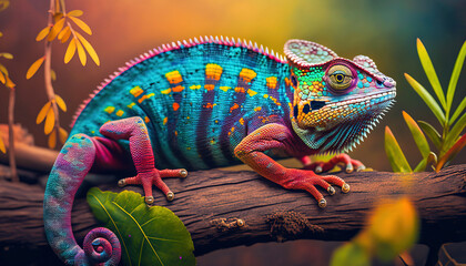 Beautiful of chameleon panther, chameleon panther on branch, chameleon panther closeup. digital ai art - obrazy, fototapety, plakaty