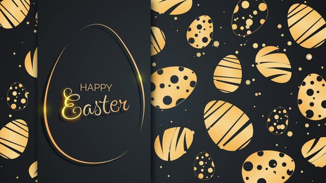 Easter golden eggs with patterns on a black background. Happy Easter. Looped holiday animation.