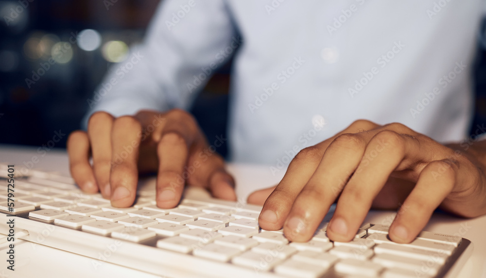 Poster Computer keyboard, hands and business man typing online data analysis, feedback report or customer experience insight. Brand monitoring software, social media research and worker review web analytics