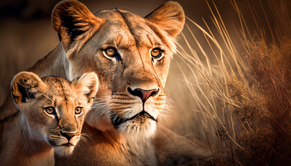Lioness mother with her lion cub. mother love concept Digital ai art - obrazy, fototapety, plakaty