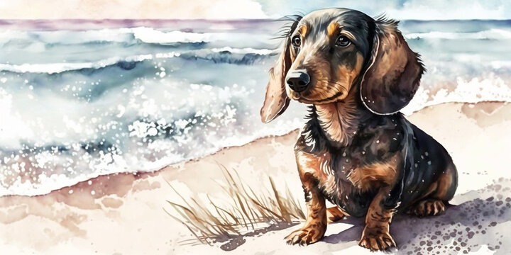 A cute dachshund puppy in the foreground, a sandy beach in the sunshine, surf sea in the background, blue skies, watercolor style 