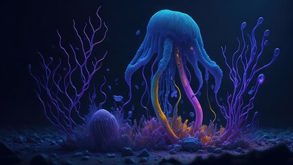 seaweed, algae, shells, and jellyfish in glowing neon generative AI