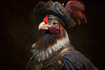portrait of a rooster wearing renaissance clothes, illustration, generative ai