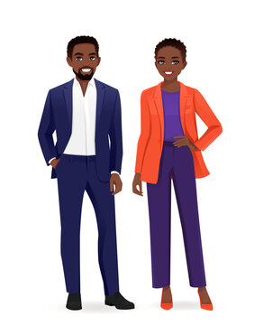 Smiling business man and woman standing isolated vector illustration.