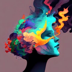 Colorful illustration of a woman full of ideas created with generative AI technology.