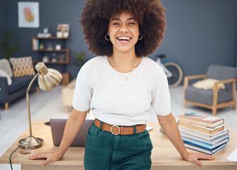 Black woman, afro or business motivation in home office and digital marketing laptop, research books or strategy learning information. Portrait, smile or happy remote work creative designer and goals