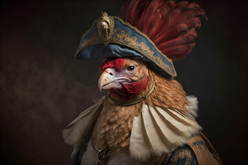 portrait of a rooster wearing renaissance clothes, illustration, generative ai