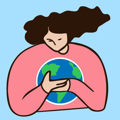 Woman with planet Earth . Nature love, planet care. Flat minimal vector illustration isolated on blue background. Happy Earth day greeting card template. Save the planet, conservation of nature.