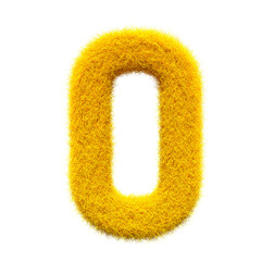 Yellow number 0 Fur 3D element render, Typography fluffy style