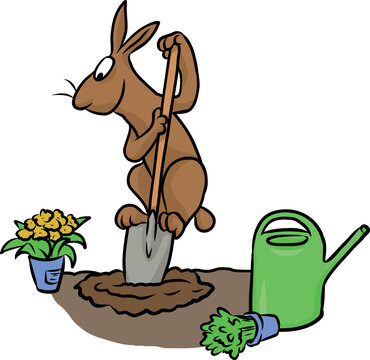 Cartoon Illustration von einem niedlichen Hasen mit Spaten und Gie&szlig;kanne beim g&auml;rtnern, graben und pflanzen w&auml;hrend der Gartenarbeit im Fr&uuml;hling