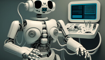 White futuristic robot being diagnosed at the hospital