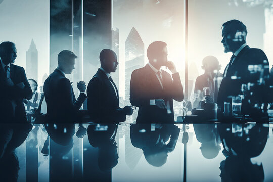 Image à double exposition d'hommes d'affaires en réunion de groupe, immeuble de bureaux urbains, partenariat et accord commercial - Générative IA