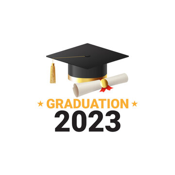 Symbol for graduation 2023. Vector illustration with logo for graduation 2023. Label class of 2023. Grad ceremony symbol with realistic mortar cap and scroll.