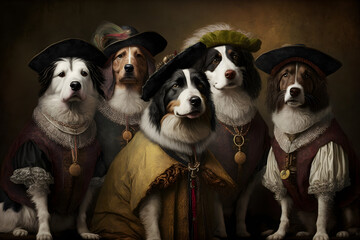 portrait of a group of dogs wearing vintage clothes,  illustration, generative ai