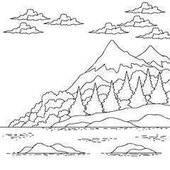 Hand drawn coloring page landscape mountain outline