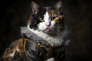 Portrait of a cat in renaissance clothes. Generative AI.