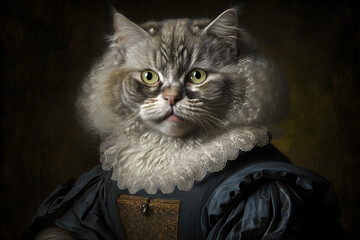 Portrait of a cat in renaissance clothes. Generative AI.