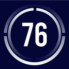 Number 76 design for business, print, books, movies, time-counting, companies in white, blue and blue gradient colors with half circles.