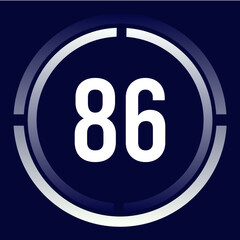 Number 86 design for business, print, books, movies, time-counting, companies in white, blue and blue gradient colors with half circles.