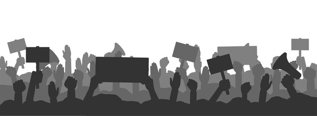 Crowd of people protesters. Silhouettes of protesting people with banners, megaphones and raised up hands and fist. Concept of fight for your rights, revolution or protest. - obrazy, fototapety, plakaty