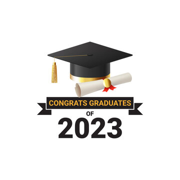 Label template for graduation 2023. Vector illustration with symbol for graduation 2023. Label class of 2023. Grad ceremony symbol with realistic mortar cap and scroll.