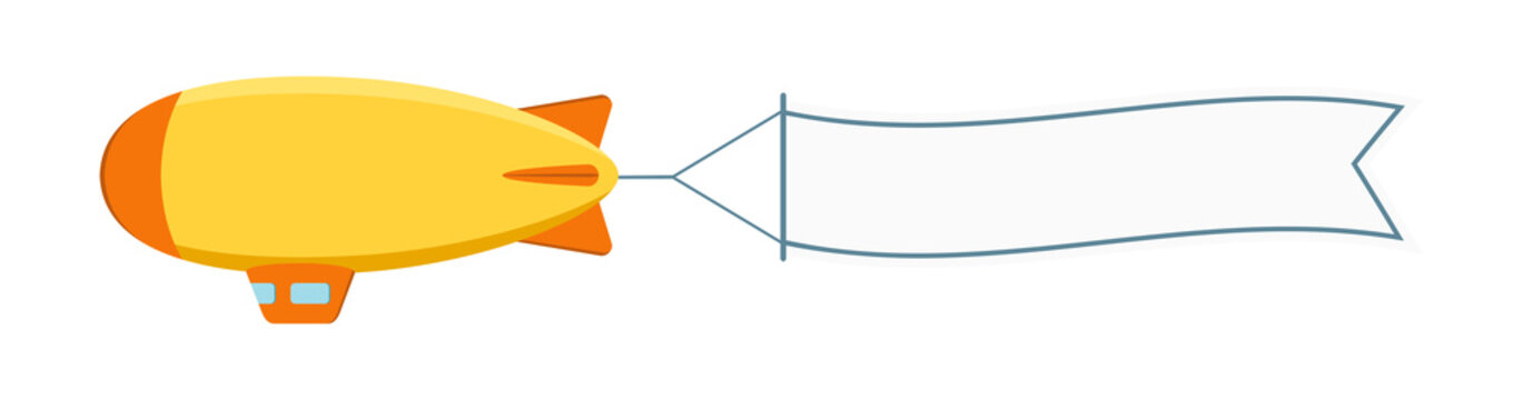 Dirigible with ribbon for message. Airship or zeppelin with banner. Flying blimp illustration.