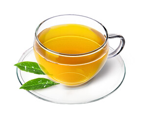 Cup of green tea with fresh tea leaves on a saucer transparent background PNG. Pro PNG transparent...