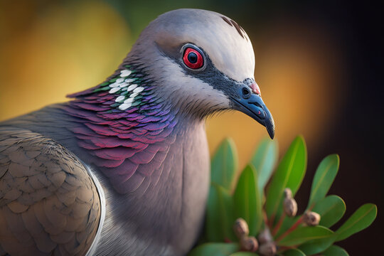 African Collard Dove or pigeon close-up. Colorful feathers and red eyes. Stunning birds and animals in nature travel or wildlife photography made with Generative AI