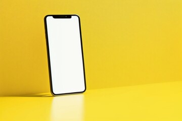 Close-up of a modern smartphone with an empty white screen on a yellow background, phone isolated on yellow background © diego
