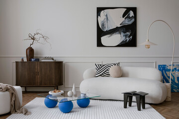 Interior design of modern living room interior with mock up poster frame, modern sofa, wooden...