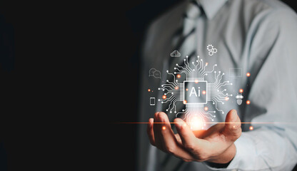 Ai technology, Artificial Intelligence. man using technology smart robot AI, Futuristic technology transformation. Chat with AI artificial intelligence by enter command prompt for generates something,