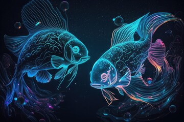 Neon zodiac sign Pisces, concept art constellation fish. Generative AI