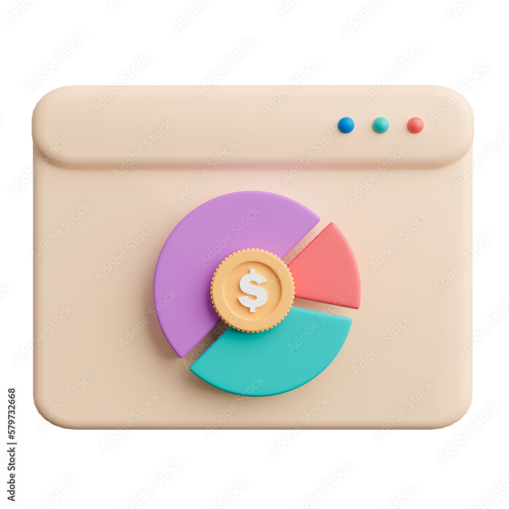 Poster 3d render colorful pie chart with us dollar coin in the center of chart.
