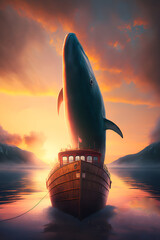 Fototapeta na wymiar Boat infront of a big whale jumping out of the ocean - Generative AI