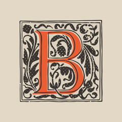 B letter drop cap logo in medieval engraving style. Blackletter square initial.