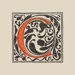 C letter drop cap logo in medieval engraving style. Blackletter square initial.