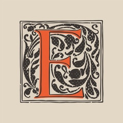 E letter drop cap logo in medieval engraving style. Blackletter square initial.