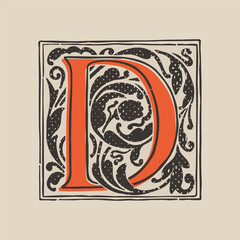 D letter drop cap logo in medieval engraving style. Blackletter square initial.
