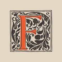 F letter drop cap logo in medieval engraving style. Blackletter square initial.