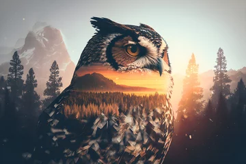 Photo sur Plexiglas Dessins animés de hibou Double Exposure of an owl and the forest and mountains - Generative Ai