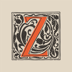 Z letter drop cap logo in medieval engraving style. Blackletter square initial.
