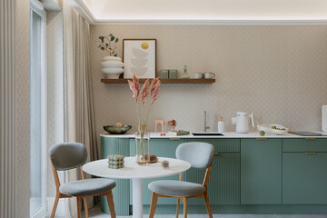 Interior design of dining room interior with mock up poster frame, round table, green shelf, vase with flowers, stylish chair, vase with dried flowers and personal accessories. Home decor. Template.