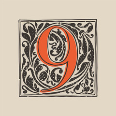 Number nine drop cap logo in medieval engraving style. Blackletter square initial.