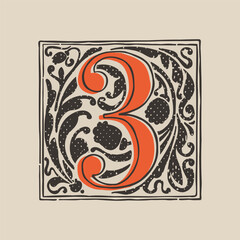 Number three drop cap logo in medieval engraving style. Blackletter square initial.