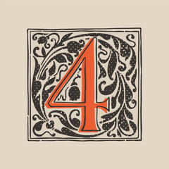 Number four drop cap logo in medieval engraving style. Blackletter square initial.