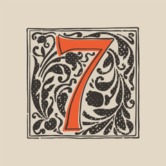 Number seven drop cap logo in medieval engraving style. Blackletter square initial.